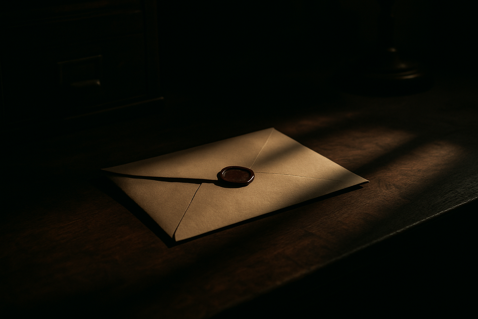 envelope on a desk dark image 