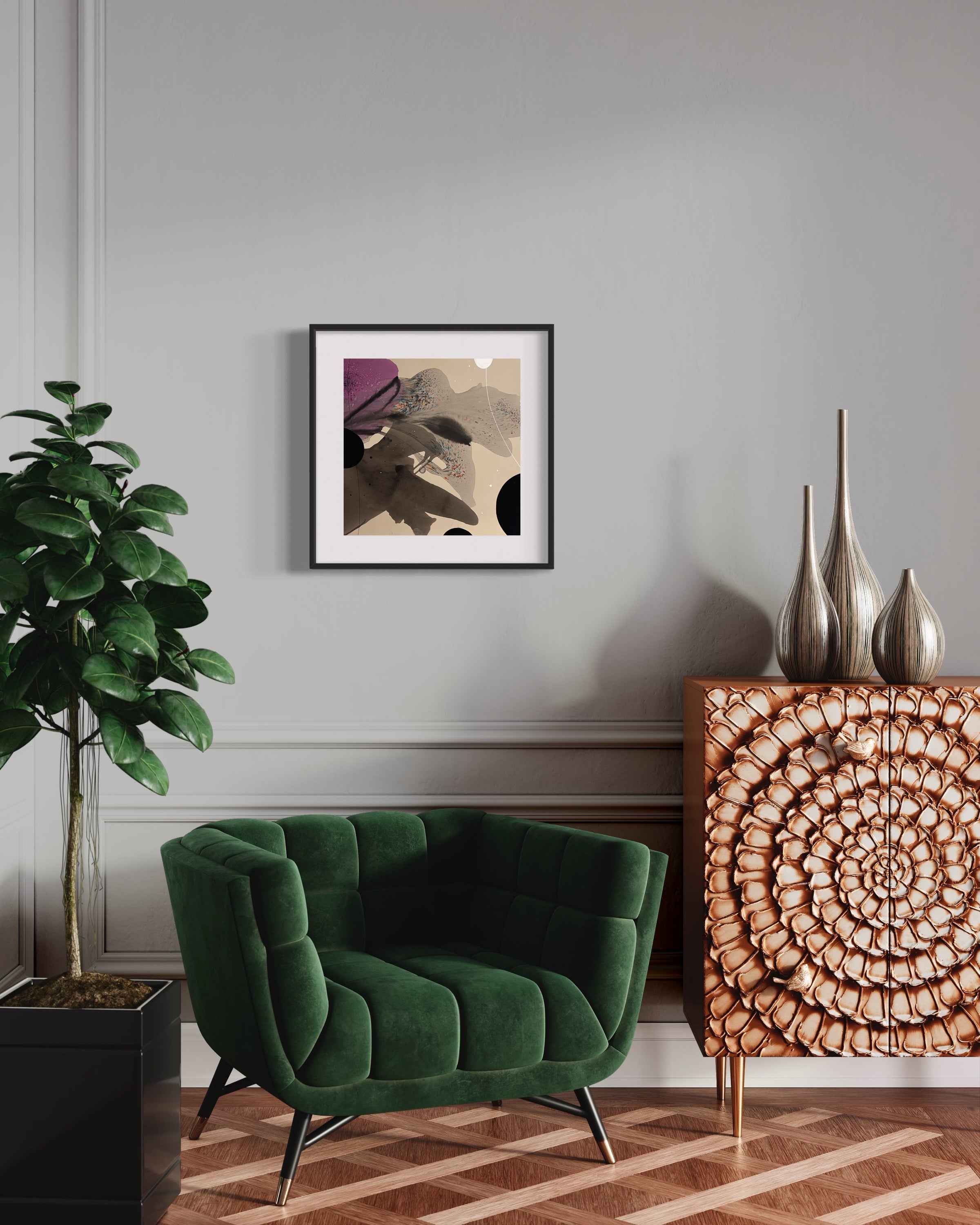 Modern Fine Art for Home Decor Botanical Abstract Watercolor Painting Nesting within Purple 16x16" by Marta Spendowska