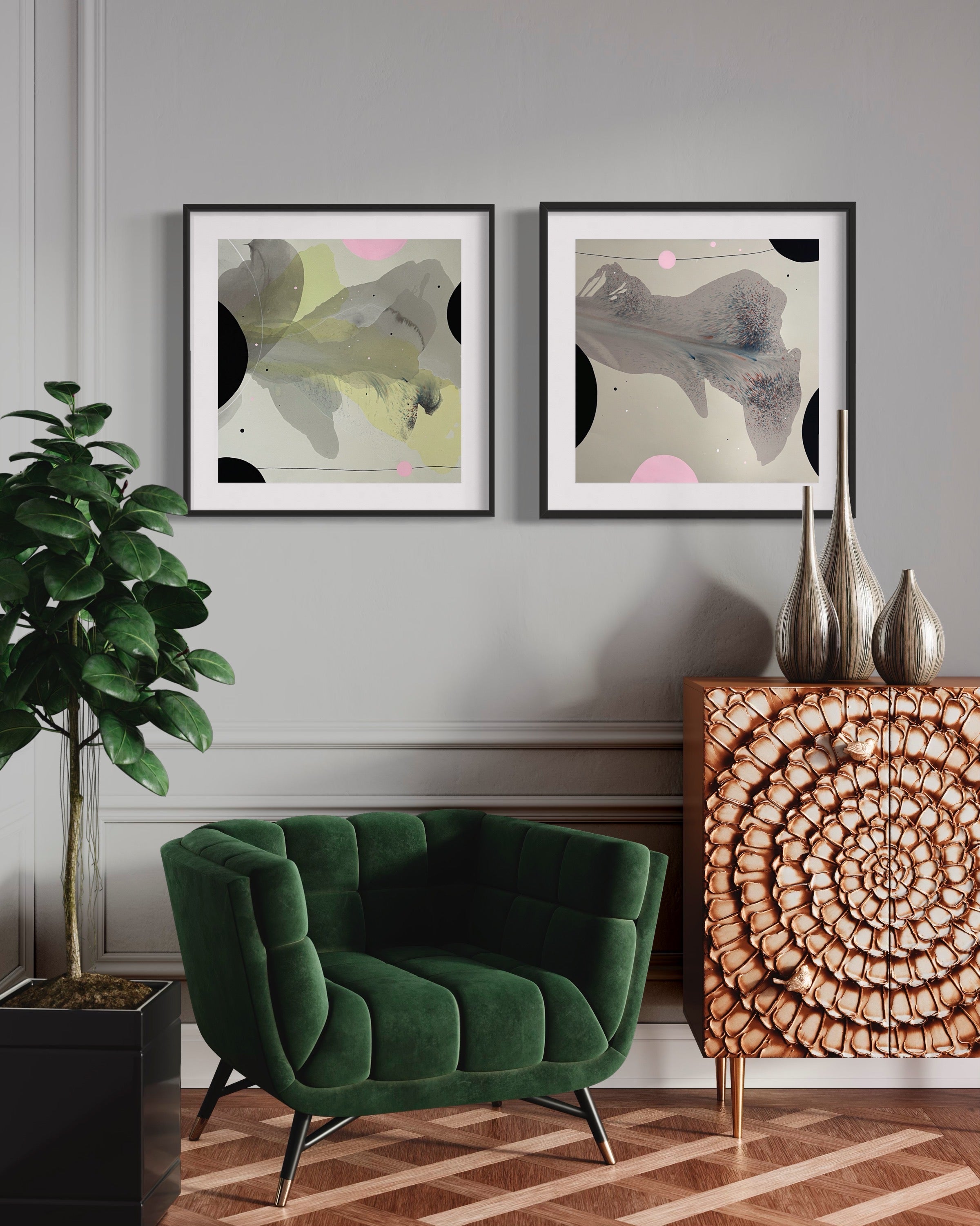 Modern Fine Art for Home Decor Botanical Abstract Watercolor Painting Rosy 22x22" by Marta Spendowska