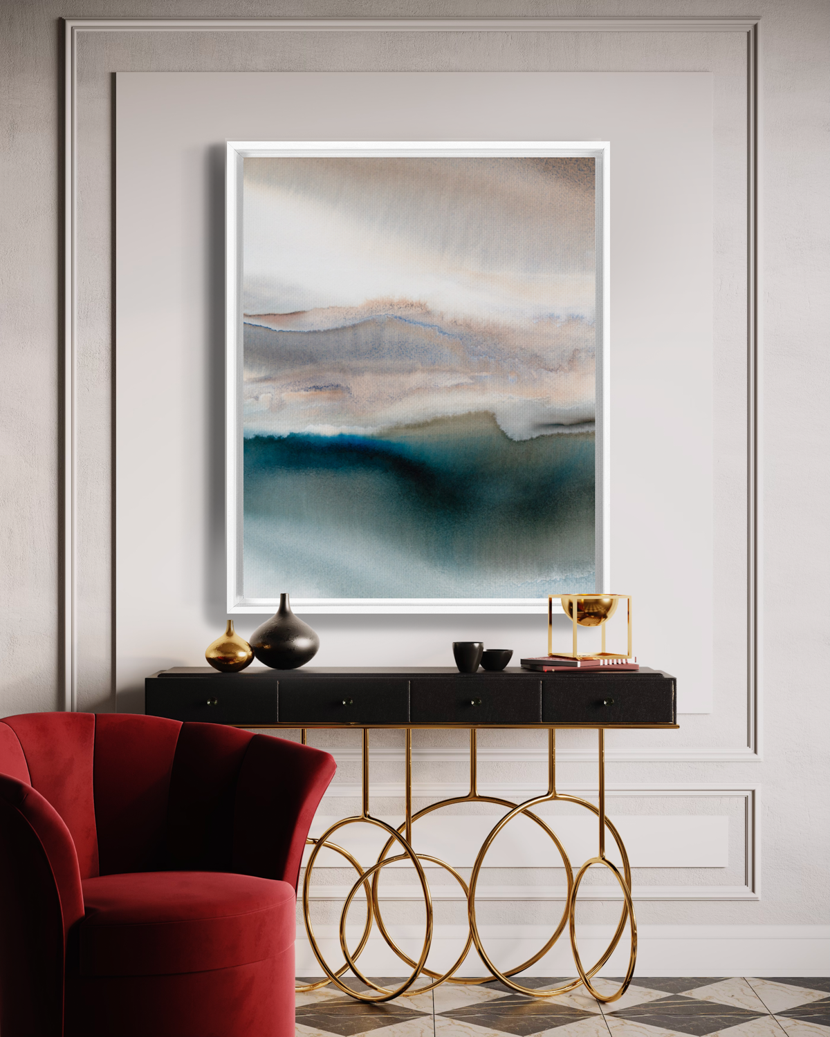 Landscape Wall  Art Prints Loose Abstract Watercolor Paper & Canvas | Navy Wave