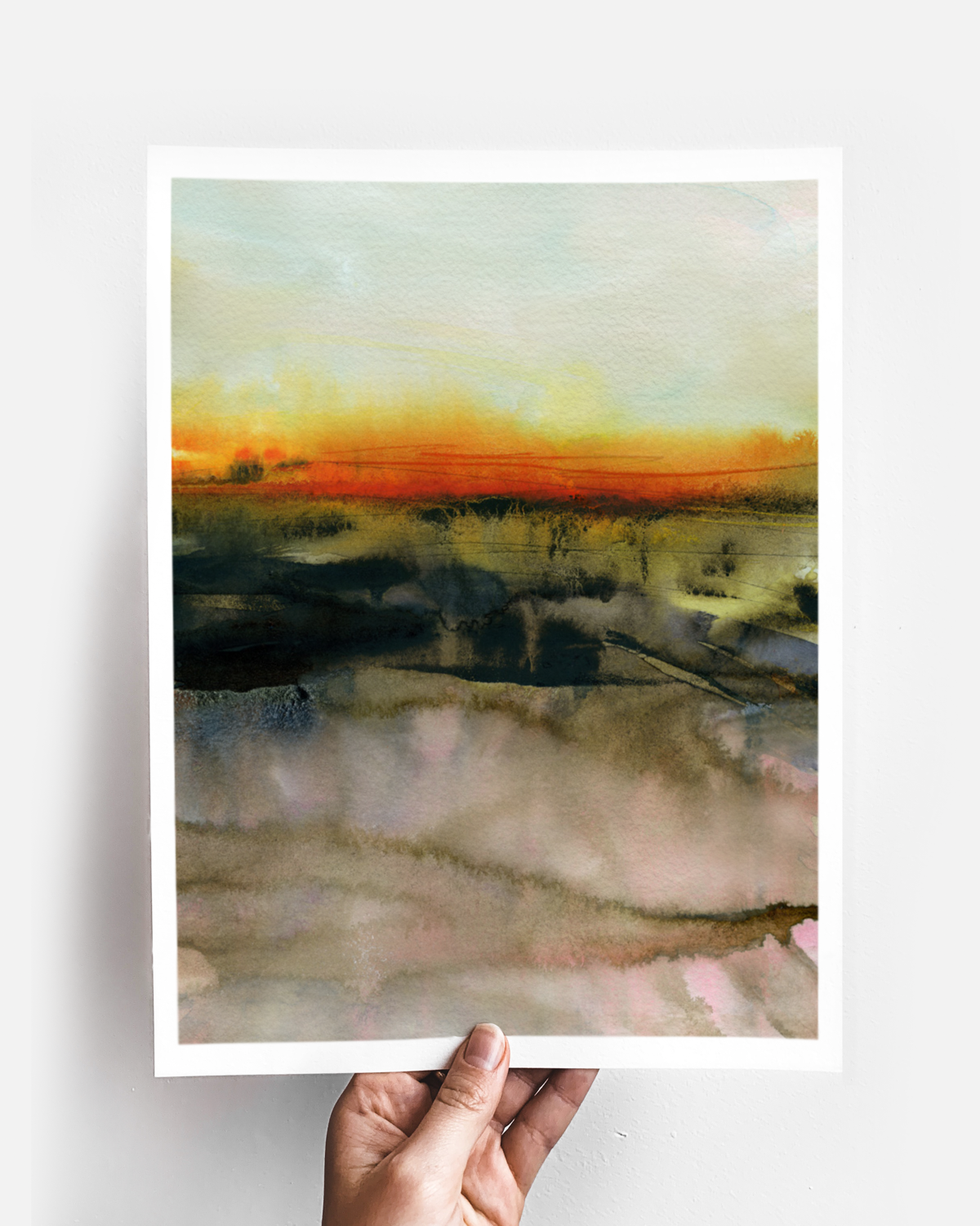 Landscape Wall  Art Prints Loose Abstract Watercolor Paper & Canvas | Red Fields